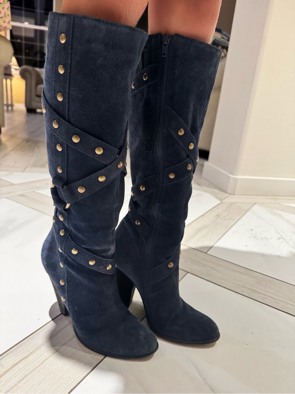 Carlos by Carlos Santana Navy Suede Studded Knee-High Boots